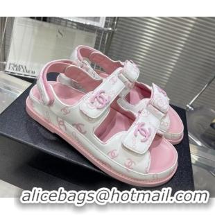 Low Price Chanel Printed Lambskin Strap Flat Sandals G35927 Pink 022228