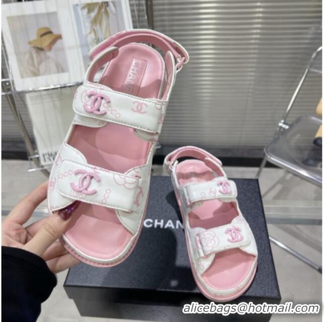 Low Price Chanel Printed Lambskin Strap Flat Sandals G35927 Pink 022228