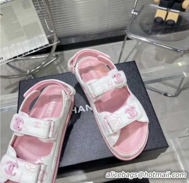 Low Price Chanel Printed Lambskin Strap Flat Sandals G35927 Pink 022228