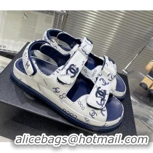 Unique Style Chanel Printed Lambskin Strap Flat Sandals G35927 Navy Blue 022229