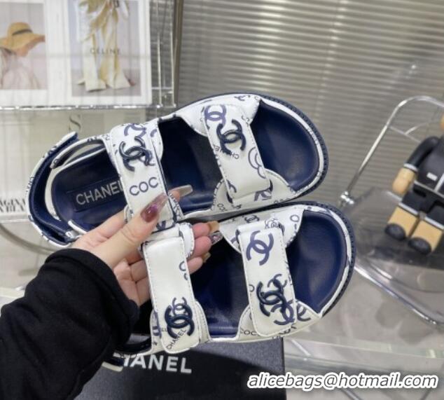 Unique Style Chanel Printed Lambskin Strap Flat Sandals G35927 Navy Blue 022229