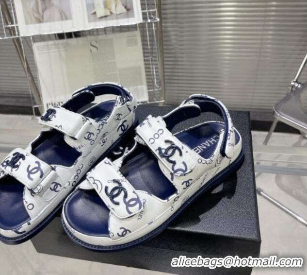 Unique Style Chanel Printed Lambskin Strap Flat Sandals G35927 Navy Blue 022229