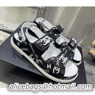 Durable Chanel Printed Lambskin Strap Flat Sandals G35927 Black/White 022230