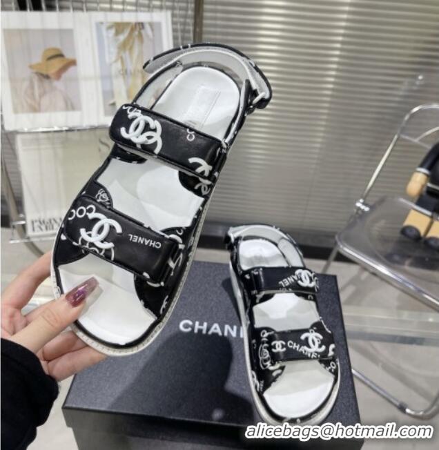 Durable Chanel Printed Lambskin Strap Flat Sandals G35927 Black/White 022230