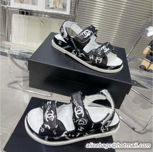 Durable Chanel Printed Lambskin Strap Flat Sandals G35927 Black/White 022230