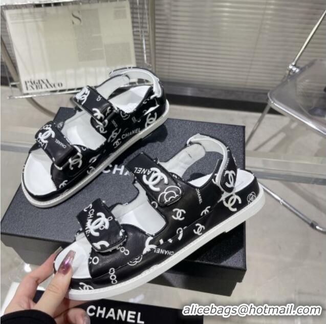 Durable Chanel Printed Lambskin Strap Flat Sandals G35927 Black/White 022230