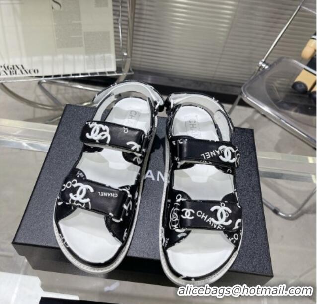 Durable Chanel Printed Lambskin Strap Flat Sandals G35927 Black/White 022230