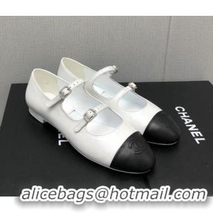 Popular Style Chanel Lambskin & Calfskin Mary Janes Flat Shoe with Double Buckle G39514 White/Black