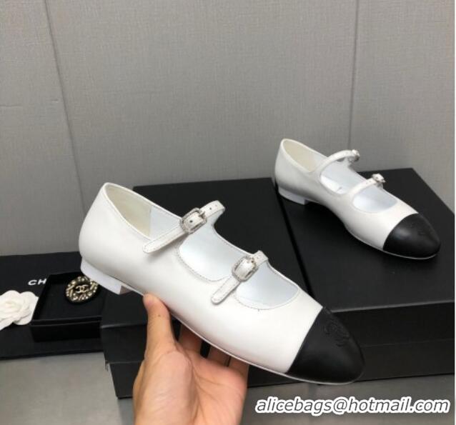 Popular Style Chanel Lambskin & Calfskin Mary Janes Flat Shoe with Double Buckle G39514 White/Black