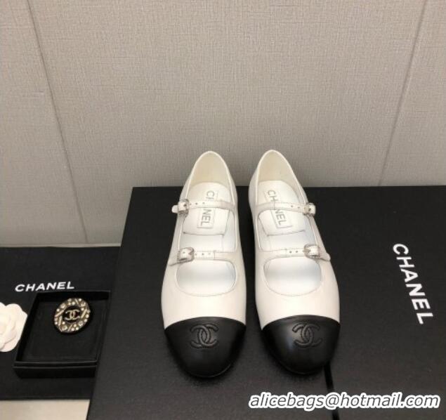 Popular Style Chanel Lambskin & Calfskin Mary Janes Flat Shoe with Double Buckle G39514 White/Black