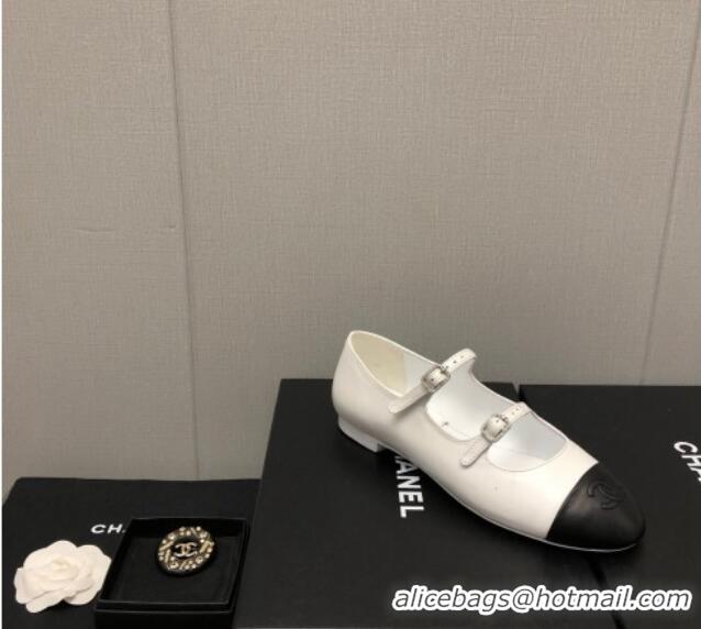 Popular Style Chanel Lambskin & Calfskin Mary Janes Flat Shoe with Double Buckle G39514 White/Black