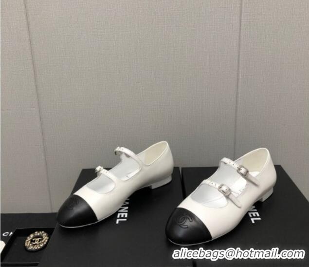 Popular Style Chanel Lambskin & Calfskin Mary Janes Flat Shoe with Double Buckle G39514 White/Black