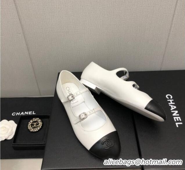 Popular Style Chanel Lambskin & Calfskin Mary Janes Flat Shoe with Double Buckle G39514 White/Black