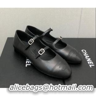 Low Price Chanel Lambskin & Calfskin Mary Janes Flat Shoe with Double Buckle G39514 Black 022232