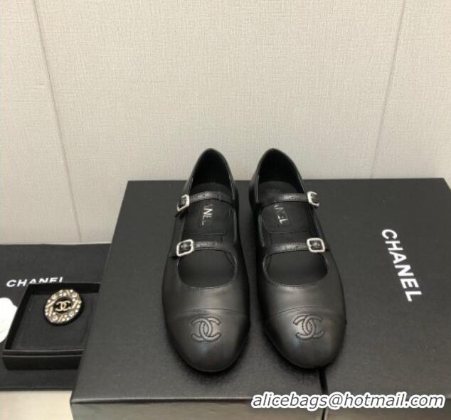 Low Price Chanel Lambskin & Calfskin Mary Janes Flat Shoe with Double Buckle G39514 Black 022232