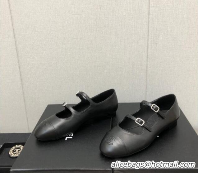 Low Price Chanel Lambskin & Calfskin Mary Janes Flat Shoe with Double Buckle G39514 Black 022232