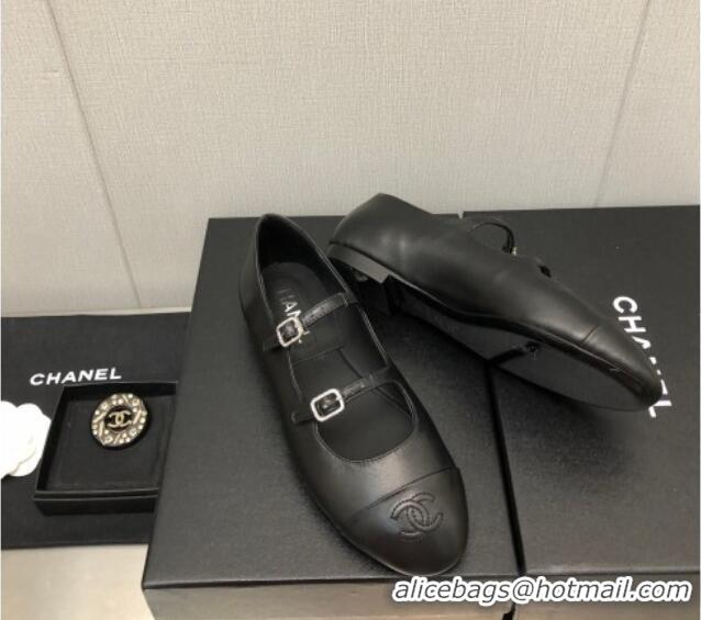 Low Price Chanel Lambskin & Calfskin Mary Janes Flat Shoe with Double Buckle G39514 Black 022232