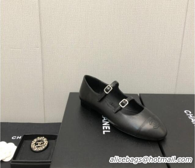 Low Price Chanel Lambskin & Calfskin Mary Janes Flat Shoe with Double Buckle G39514 Black 022232