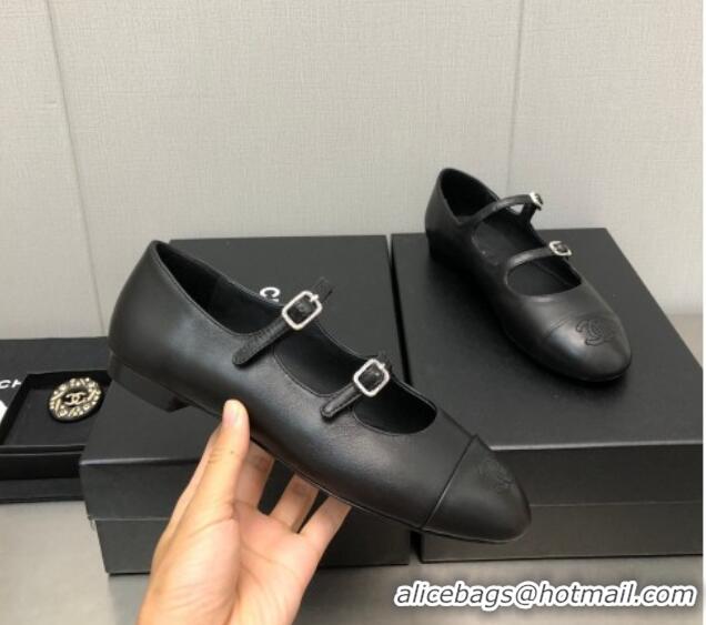 Low Price Chanel Lambskin & Calfskin Mary Janes Flat Shoe with Double Buckle G39514 Black 022232