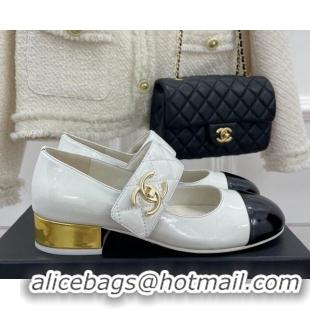 Crafted Chanel Patent Leather Mary Janes with CC Buckle G39732 White 022234