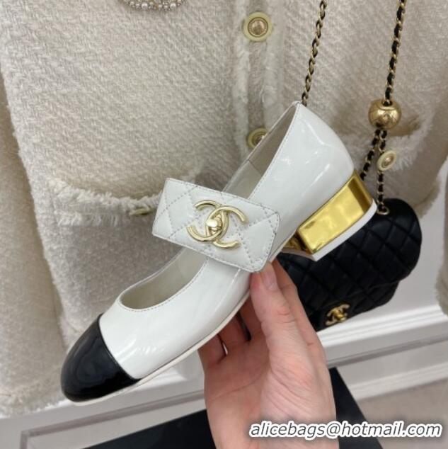 Crafted Chanel Patent Leather Mary Janes with CC Buckle G39732 White 022234