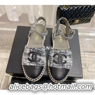 Best Price Chanel Tweed & Leather Open Espadrilles G38736 Grey/Black 022240