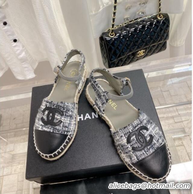 Best Price Chanel Tweed & Leather Open Espadrilles G38736 Grey/Black 022240