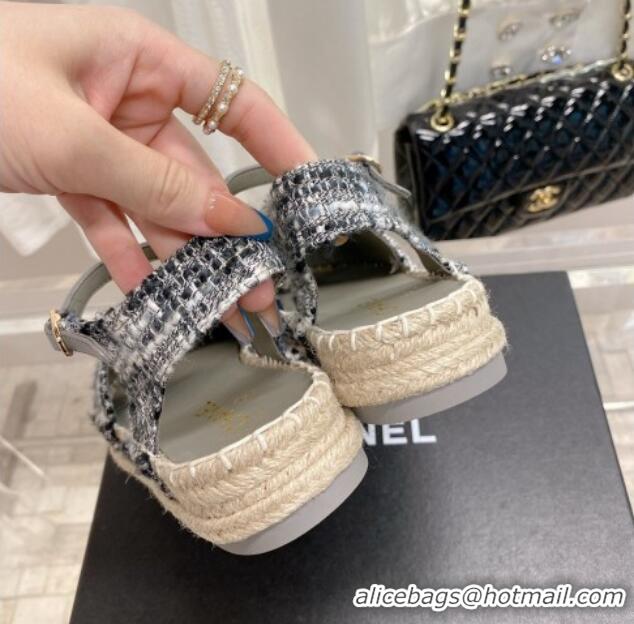 Best Price Chanel Tweed & Leather Open Espadrilles G38736 Grey/Black 022240