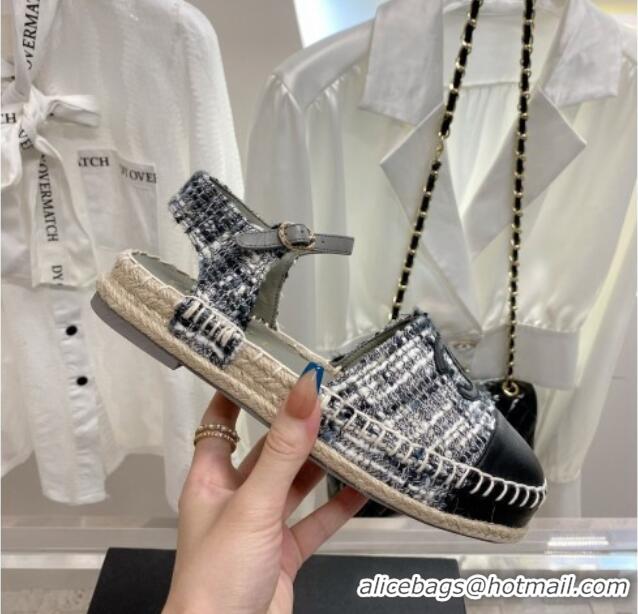 Best Price Chanel Tweed & Leather Open Espadrilles G38736 Grey/Black 022240