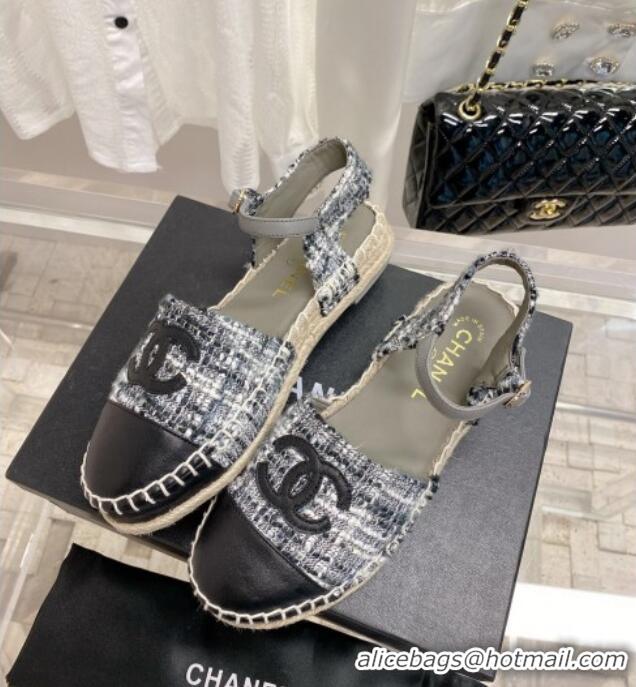 Best Price Chanel Tweed & Leather Open Espadrilles G38736 Grey/Black 022240