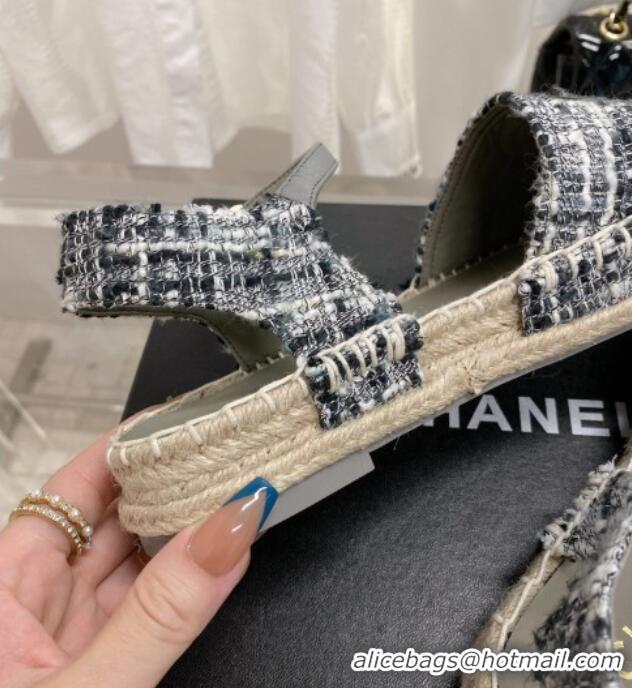 Best Price Chanel Tweed & Leather Open Espadrilles G38736 Grey/Black 022240