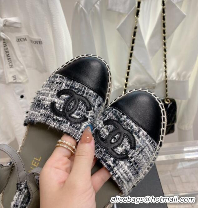 Best Price Chanel Tweed & Leather Open Espadrilles G38736 Grey/Black 022240