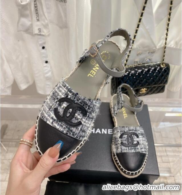 Best Price Chanel Tweed & Leather Open Espadrilles G38736 Grey/Black 022240