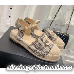 Good Quality Chanel Tweed & Leather Open Espadrilles G38736 Beige