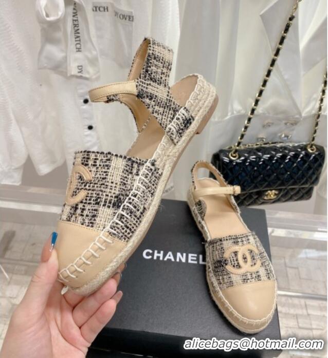 Good Quality Chanel Tweed & Leather Open Espadrilles G38736 Beige