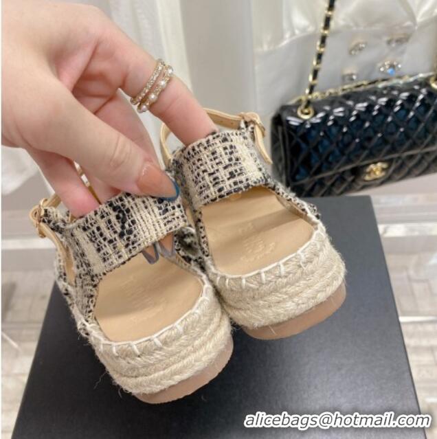 Good Quality Chanel Tweed & Leather Open Espadrilles G38736 Beige