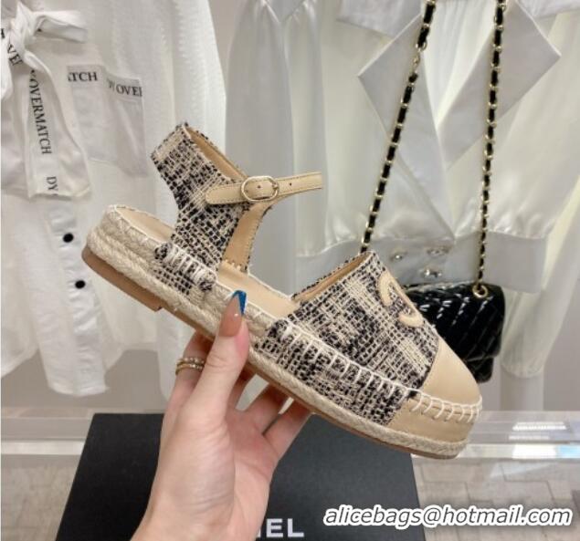 Good Quality Chanel Tweed & Leather Open Espadrilles G38736 Beige