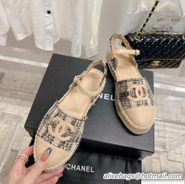 Good Quality Chanel Tweed & Leather Open Espadrilles G38736 Beige