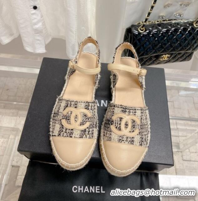 Good Quality Chanel Tweed & Leather Open Espadrilles G38736 Beige