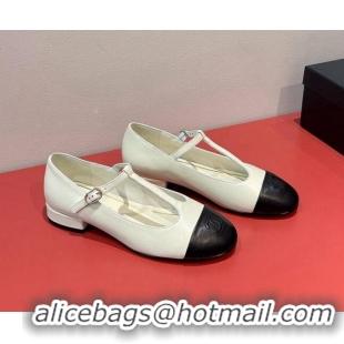 Best Grade Chanel T-Strap Leather Mary Janes G39562 White 022245