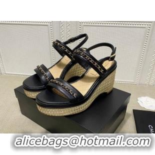 Good Looking Chanel Calfskin Platform Wedge Sandals with Chain Black 022248