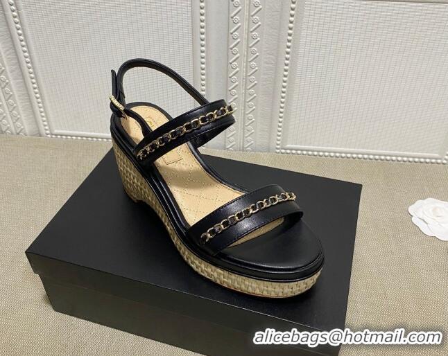 Good Looking Chanel Calfskin Platform Wedge Sandals with Chain Black 022248