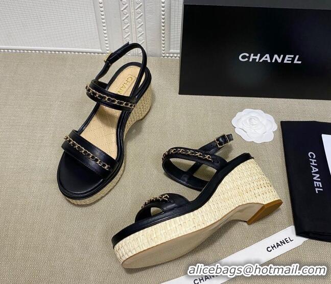 Good Looking Chanel Calfskin Platform Wedge Sandals with Chain Black 022248