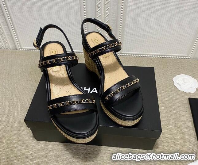 Good Looking Chanel Calfskin Platform Wedge Sandals with Chain Black 022248