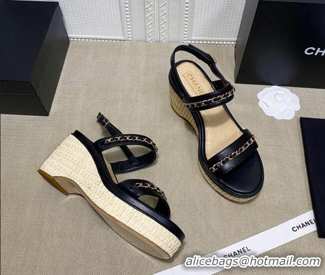 Good Looking Chanel Calfskin Platform Wedge Sandals with Chain Black 022248