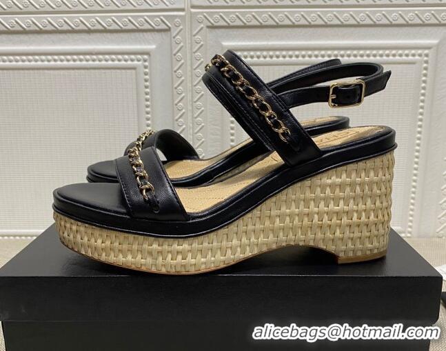 Good Looking Chanel Calfskin Platform Wedge Sandals with Chain Black 022248