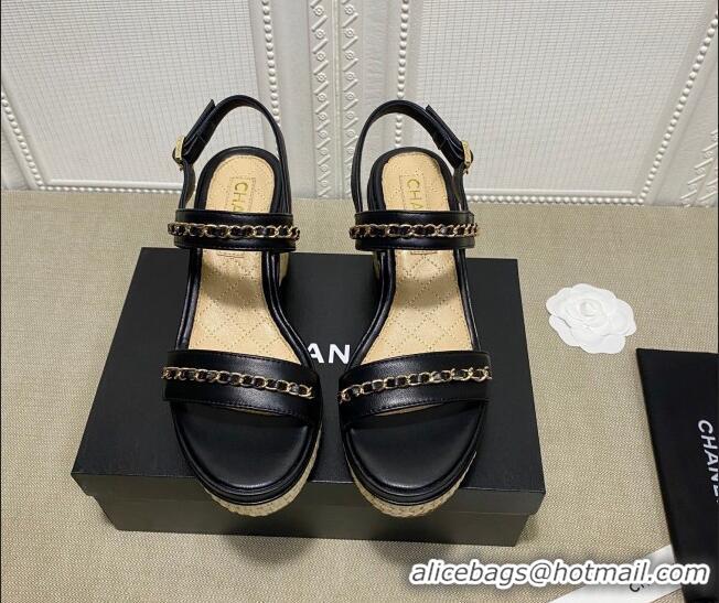 Good Looking Chanel Calfskin Platform Wedge Sandals with Chain Black 022248