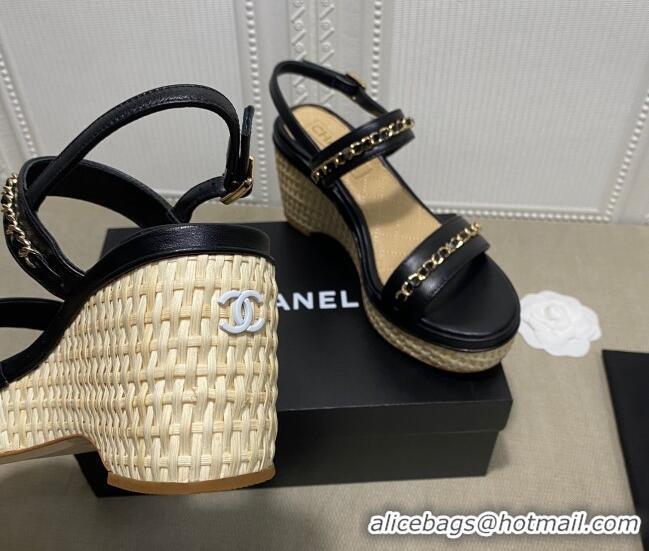 Good Looking Chanel Calfskin Platform Wedge Sandals with Chain Black 022248