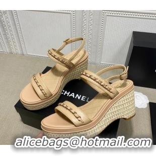 Fashion Chanel Calfskin Platform Wedge Sandals with Chain Beige 022249