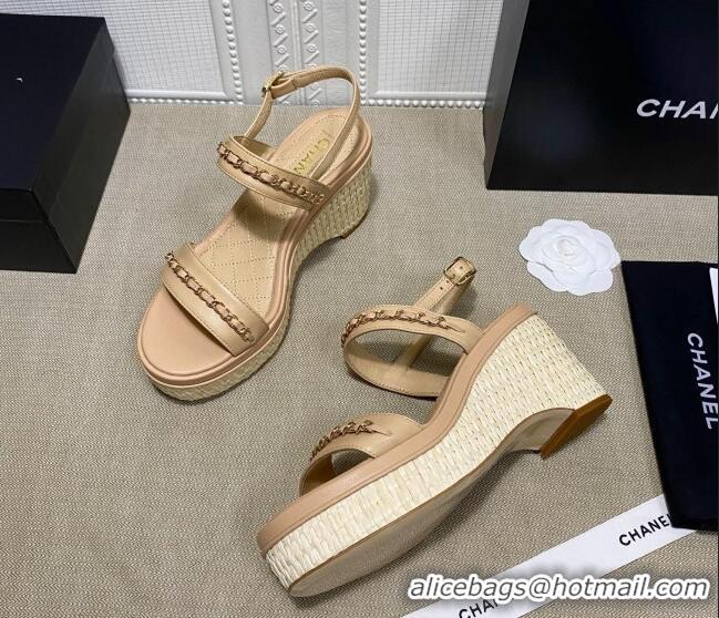 Fashion Chanel Calfskin Platform Wedge Sandals with Chain Beige 022249